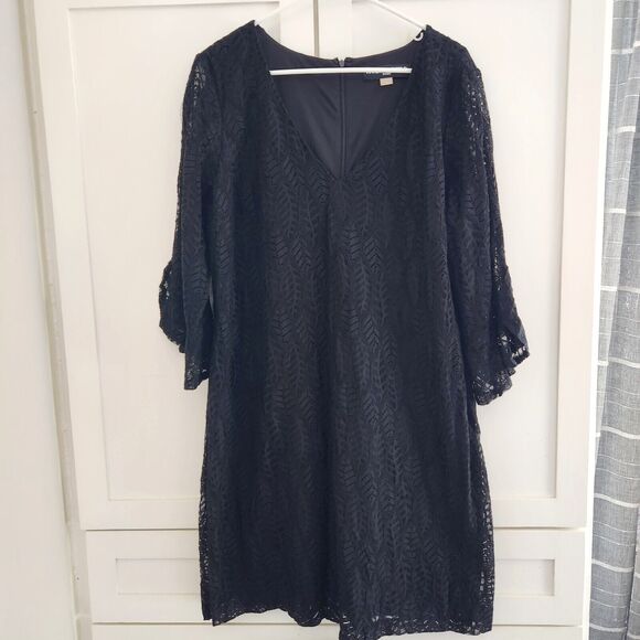 Karl Lagerfeld Paris 16 Black Lace Dress Flare Sleeves V Neck Cocktail Holiday - Picture 1 of 8